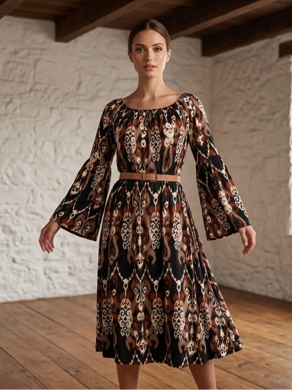 Dear Scarlett Chic Boho Inspired All Over Ikat Style Long Sleeve Patterned Dress